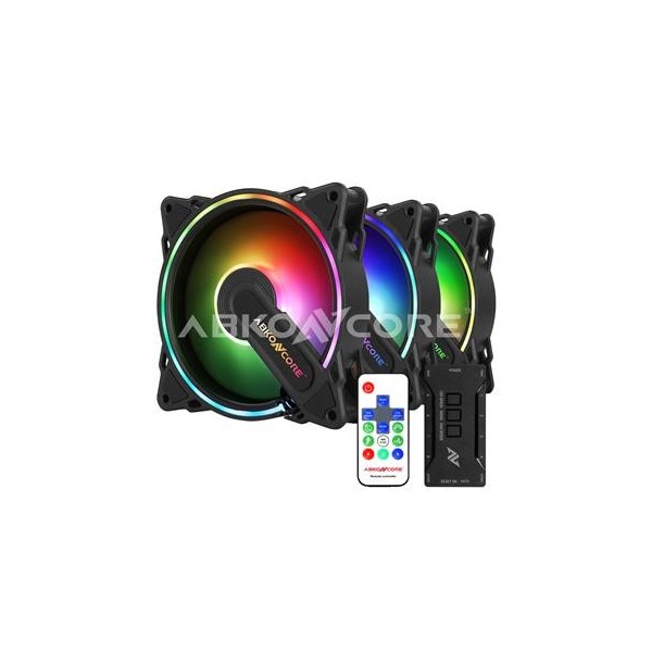 KIT 3 VENTILADORES ABKONCORE HURRICANE SPECTRUM SYNC 12CM REMOTE + CONTROL HUB - Imagen 1