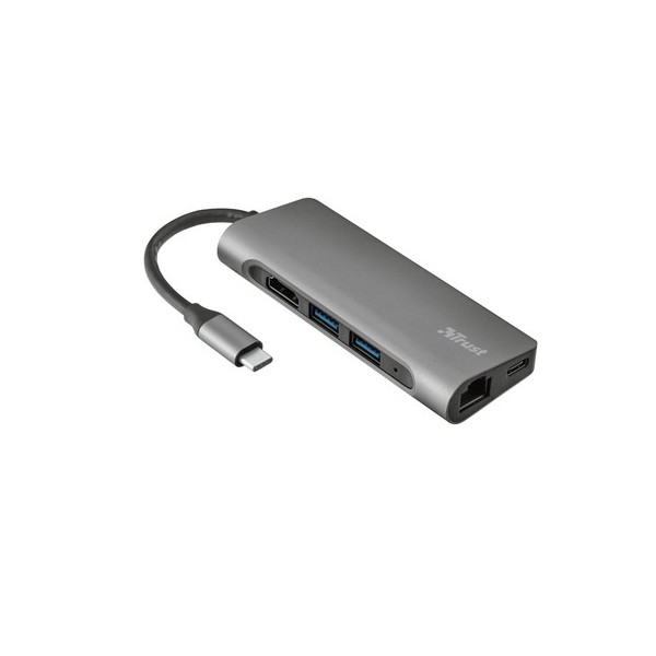 Hub USB Trust 23331/ 3 Puertos USB/ 1 HDMI/ 1 RJ45/ 1 Lector Tarjetas SD/ Gris - Imagen 1