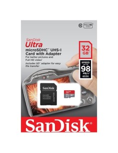 Tarjeta de Memoria SanDisk Ultra 32GB microSD HC UHS-I con Adaptador/ Clase 10/ 98MBs - Imagen 1